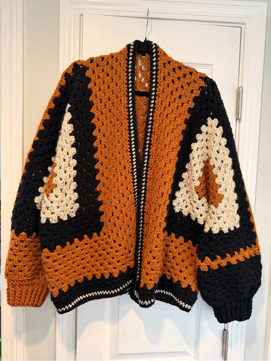 Handmade Sweaters - Handmade Crochet Granny Square One Size Cozy Cardigan Boho Chunky Knit Sweater